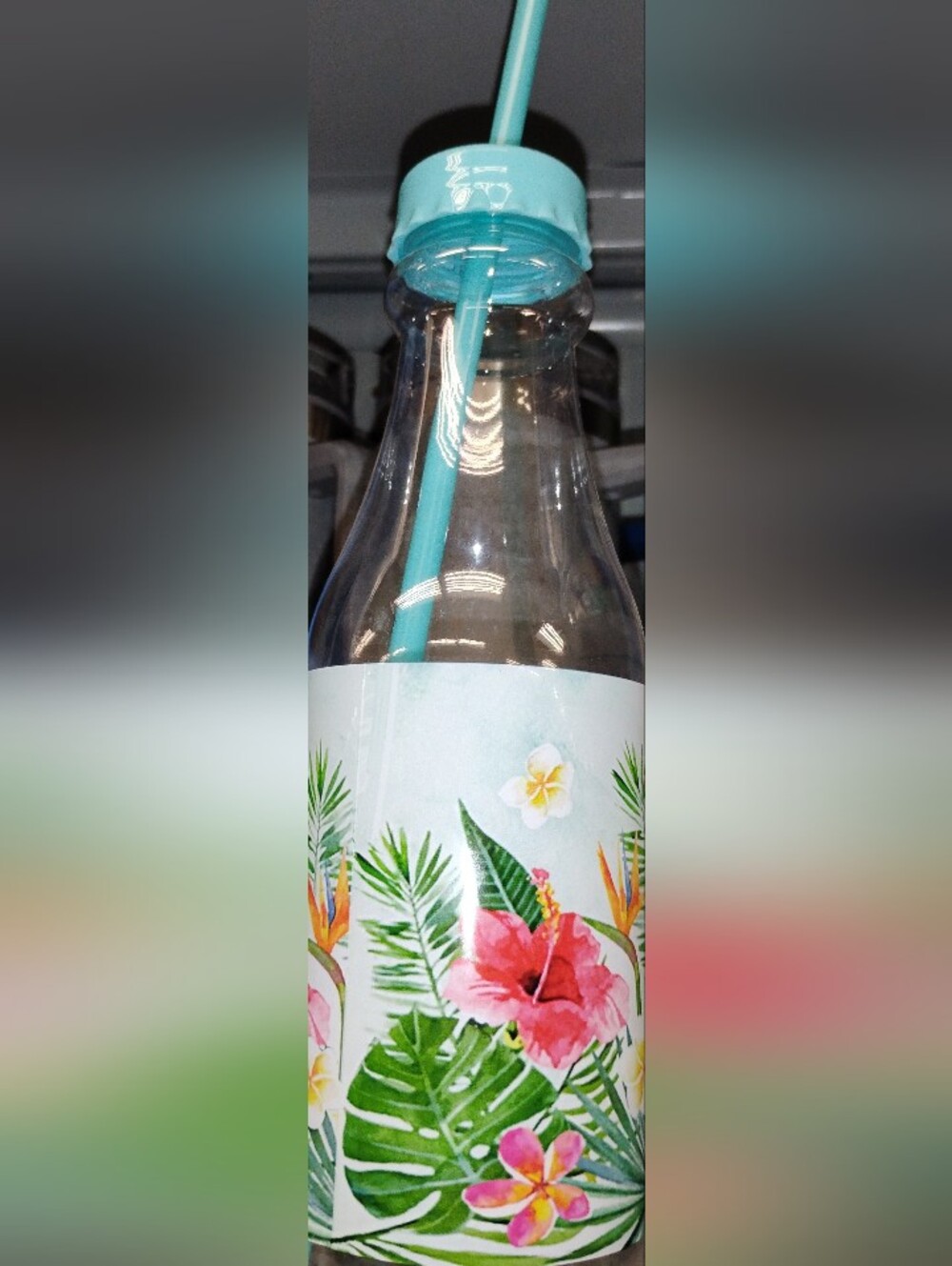 Clear Glass Straw Bottle with Mint Blue Straw and Tropical Floral Label